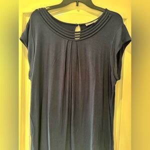 Daniel Rainn Navy Short Sleeve Knit Top with Ladder Trim Detail